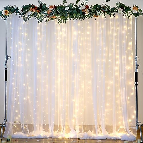 White Backdrop Curtains with Lights String for Wedding Parties 10×10ft Sheer Tulle Backdrop Curtain for Bridal