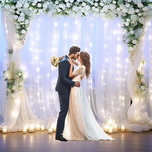 White Backdrop Curtains with Lights String for Wedding Parties 10×10ft Sheer Tulle Backdrop Curtain for Bridal, alternate