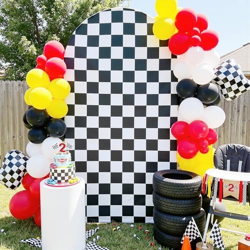 White Black Checkered Arch Backdrop Cover, 7.2FT x 4FT, for Birthday Photo in 7.2FT in checkered