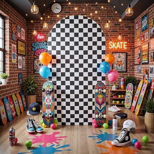 White Black Checkered Arch Backdrop Cover, 7.2FT x 4FT, for Birthday Photo in 7.2FT in checkered, alternate view 2