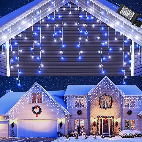 White & Blue Christmas Icicle Lights, 29.5ft 360 LED Icicle Lights, 8 Modes, 60 Drops, Window Curtain Led