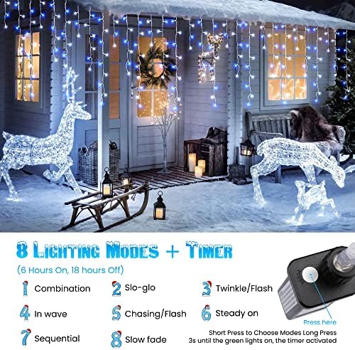 White & Blue Christmas Icicle Lights, 29.5ft 360 LED Icicle Lights, 8 Modes, 60 Drops, Window Curtain Led, alternate view 2