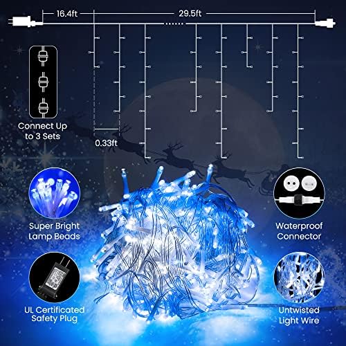 White & Blue Christmas Icicle Lights, 29.5ft 360 LED Icicle Lights, 8 Modes, 60 Drops, Window Curtain Led, alternate view 7
