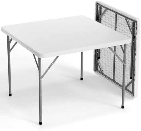 White Card Square Table, 38 inch Foldable Legs Full Table Top, Easy to Set up and Store, Folding Portable for