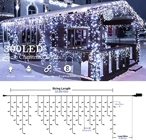 White Christmas Icicle Lights, 300 LED 33FT Icicle Curtain Lights, alternate view 3