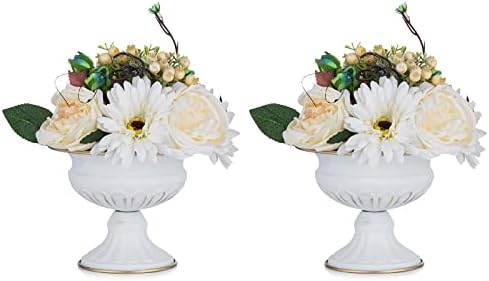 White Compote Vase Centerpiece: Metal Urn Planter, 4.96" Tall, 2 Pcs in White