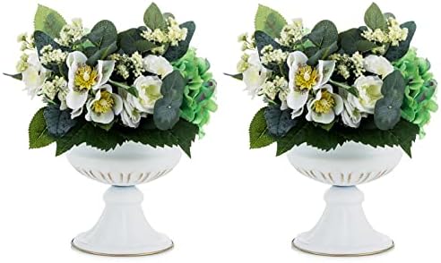 White Compote Vase Centerpiece: Metal Urn Planter, 6.5" Tall, 2 Pcs in White