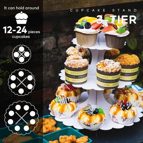 White Cupcake Stand 3-Tier 1-Pack, Cardboard Dessert Display Tower in White 1 Pack, alternate view 6