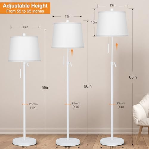 White Floor Lamp for Living Room 55-65" Adjustable Height Modern Standing Lamp with Pull Chain Tall Pole Light, alternate