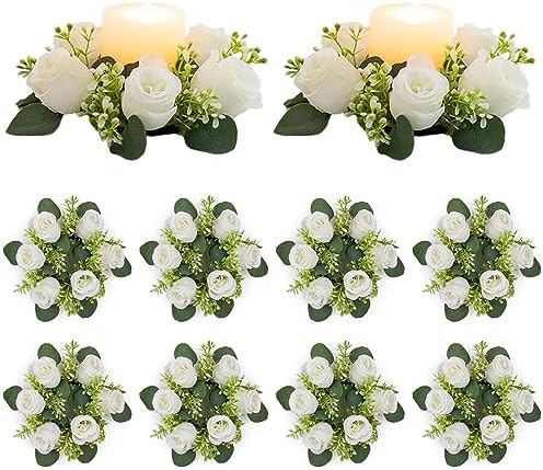 White Flower Wreath for Table Centerpieces, 9.05 Inch, Set of 10 in White