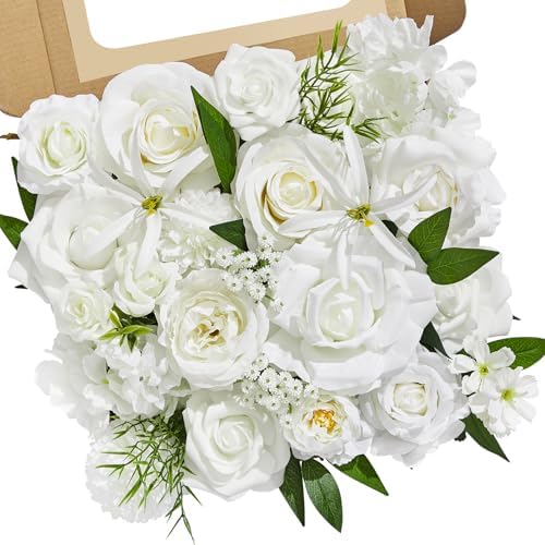 White Flowers Artificial Silk Fake Roses Flowers for Wedding Decor