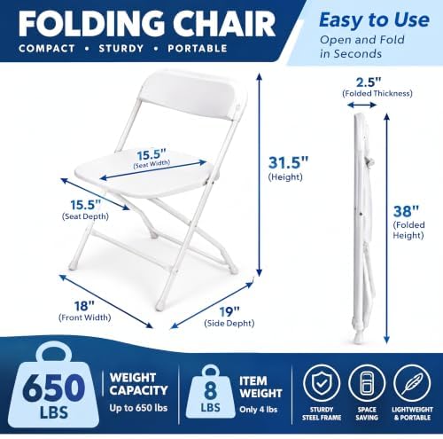White Folding Chairs 10-Pack, Portable Events Chairs, Plastic Folding Chair, Stylish 650 lb Capacity for Party, alternate