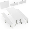 White Folding Picnic Table Set with 2 Benches, 6 Feet Camping Table Chair Set, Modern Portable 3-Piece Furniture