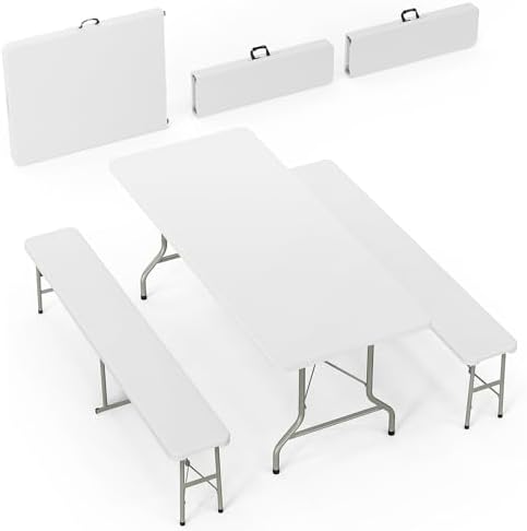 White Folding Picnic Table Set with 2 Benches, 6 Feet Camping Table Chair Set, Modern Portable 3-Piece Furniture