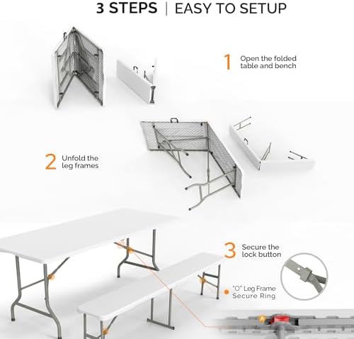 White Folding Picnic Table Set with 2 Benches, 6 Feet Camping Table Chair Set, Modern Portable 3-Piece Furniture, alternate