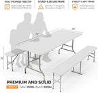 White Folding Picnic Table Set with 2 Benches, 6 Feet Camping Table Chair Set, Modern Portable 3-Piece Furniture, alternate