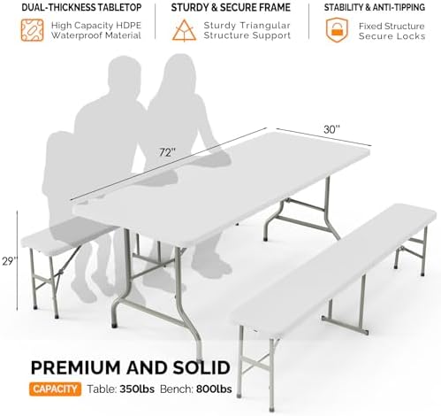 White Folding Picnic Table Set with 2 Benches, 6 Feet Camping Table Chair Set, Modern Portable 3-Piece Furniture, alternate