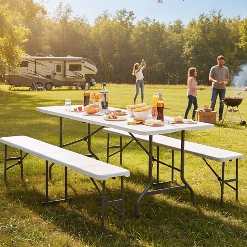 White Folding Picnic Table Set with 2 Benches, 6 Feet Camping Table Chair Set, Modern Portable 3-Piece Furniture, alternate