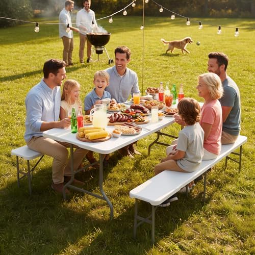 White Folding Picnic Table Set with 2 Benches, 6 Feet Camping Table Chair Set, Modern Portable 3-Piece Furniture, alternate