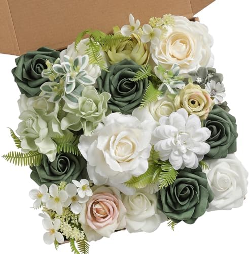 White Green Artificial Flowers Combo Box Set Fake Flowers Bulk Flower Leaf with Stems for DIY Wedding Bouquets