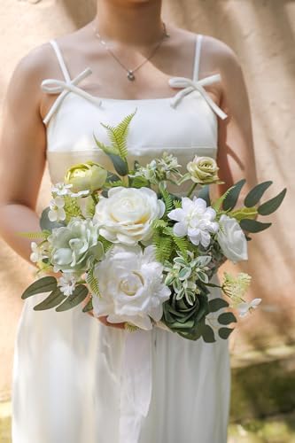 White Green Artificial Flowers Combo Box Set Fake Flowers Bulk Flower Leaf with Stems for DIY Wedding Bouquets, alternate