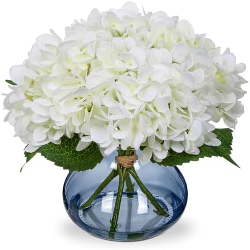 White Hydrangea Artificial Flowers with Glass Vase Silk Faux Flowers Arrangements with Faux Water in Blue Vase