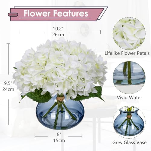 White Hydrangea Artificial Flowers with Glass Vase Silk Faux Flowers Arrangements with Faux Water in Blue Vase, alternate