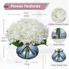 White Hydrangea Artificial Flowers with Glass Vase Silk Faux Flowers Arrangements with Faux Water in Blue Vase, alternate