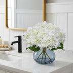 White Hydrangea Artificial Flowers with Glass Vase Silk Faux Flowers Arrangements with Faux Water in Blue Vase, alternate