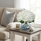 White Hydrangea Artificial Flowers with Glass Vase Silk Faux Flowers Arrangements with Faux Water in Blue Vase, alternate