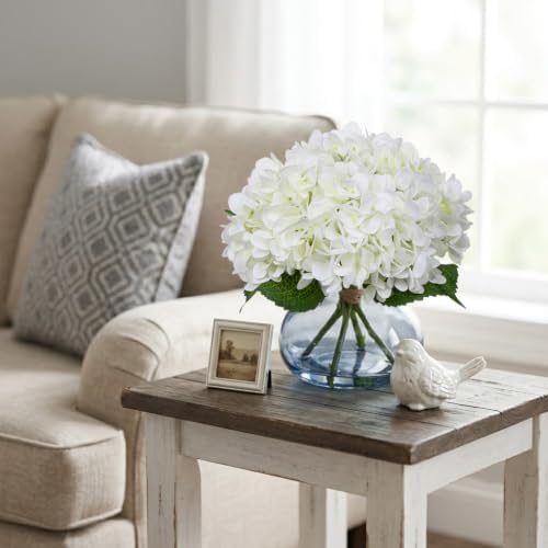 White Hydrangea Artificial Flowers with Glass Vase Silk Faux Flowers Arrangements with Faux Water in Blue Vase, alternate