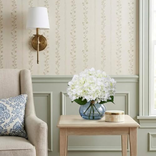 White Hydrangea Artificial Flowers with Glass Vase Silk Faux Flowers Arrangements with Faux Water in Blue Vase, alternate