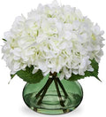 White Hydrangeas Floral Arrangement in Glass Vase Artificial Flowers with Vase with Faux Water Silk Faux Flowers