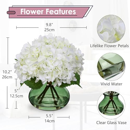 White Hydrangeas Floral Arrangement in Glass Vase Artificial Flowers with Vase with Faux Water Silk Faux Flowers, alternate