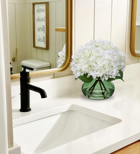 White Hydrangeas Floral Arrangement in Glass Vase Artificial Flowers with Vase with Faux Water Silk Faux Flowers, alternate
