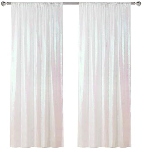 White Iridescent Sequin Backdrop Curtain 2 Panels 2FTx8FT Glitter White Iridescent Background Drapes Sparkle