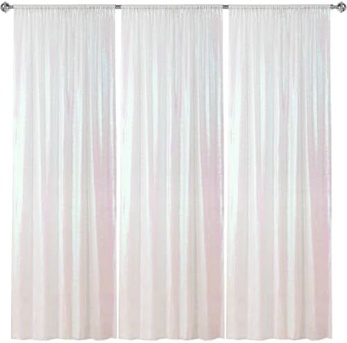 White Iridescent Sequin Backdrop Curtain 3 Panels 2FTx8FT Glitter White Iridescent Background Drapes Sparkle