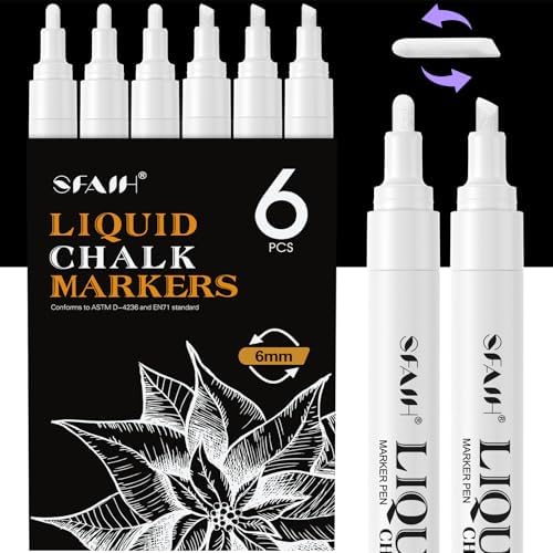 White Liquid Chalk Markers for Blackboard Glass, 6 Pack, 6mm Tip in 6 White