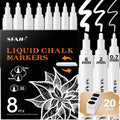 White Liquid Chalk Markers for Blackboard Glass 8 Pack, 20 Pcs Labels in 8 White
