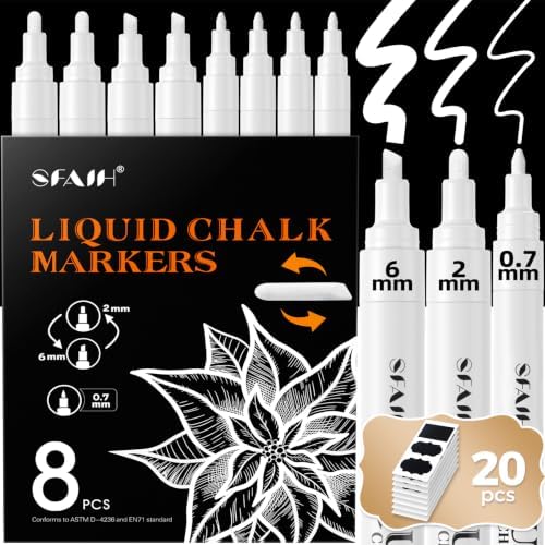 White Liquid Chalk Markers for Blackboard Glass 8 Pack, 20 Pcs Labels in 8 White