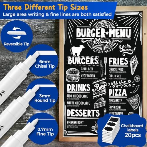 White Liquid Chalk Markers for Blackboard Glass 8 Pack, 20 Pcs Labels in 8 White, alternate view 3