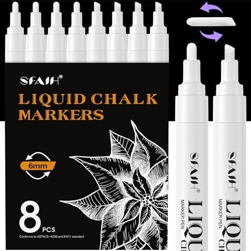 White Liquid Chalk Markers for Blackboard Glass, 8 Pack, 6mm Tip in 8 White
