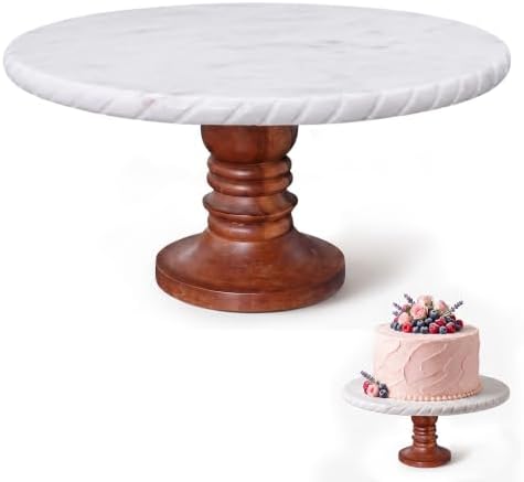 White Marble Cake Stand with Wooden Base - Elegant Round Cake Stand in white