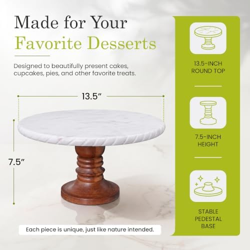 White Marble Cake Stand with Wooden Base - Elegant Round Cake Stand in white, alternate view 2
