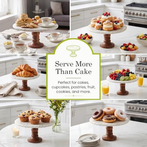 White Marble Cake Stand with Wooden Base - Elegant Round Cake Stand in white, alternate view 6