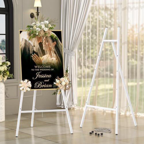 White Metal Easel Stand for Sign, Heavy Duty Art Easel with Adjustable Chain, Tripod Structure,4-Level Height