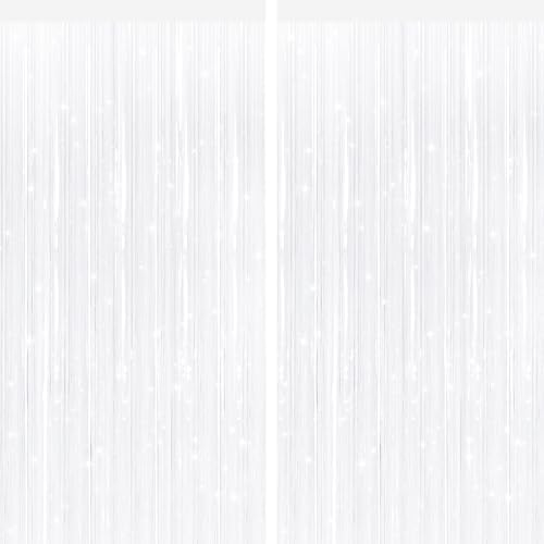 White Metallic Fringe Curtains 2 Pack, Tinsel Backdrop for Parties