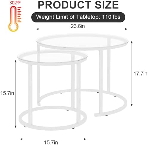 White Nesting Glass Table Set of 2, Small Glass Round Nesting Tables for Living Room Bedroom, Accent Tea Table, alternate