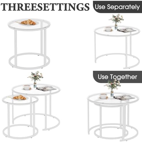 White Nesting Glass Table Set of 2, Small Glass Round Nesting Tables for Living Room Bedroom, Accent Tea Table, alternate