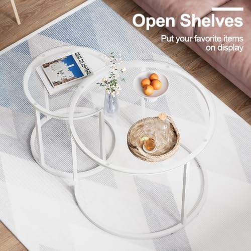 White Nesting Glass Table Set of 2, Small Glass Round Nesting Tables for Living Room Bedroom, Accent Tea Table, alternate